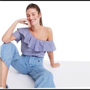 Madewell Linen Blend One Shoulder Ruffle Top | Blue Stripe | 0